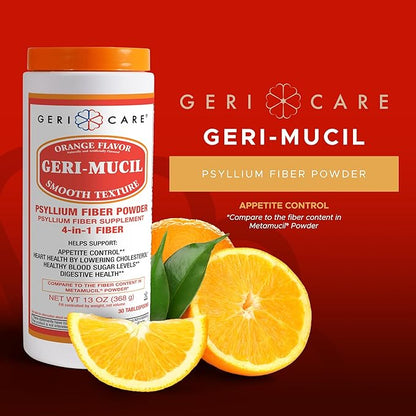 Geri-Mucil Psyllium Powder By GeriCare|4-In-1 Orange-Flavor Movement|13oz