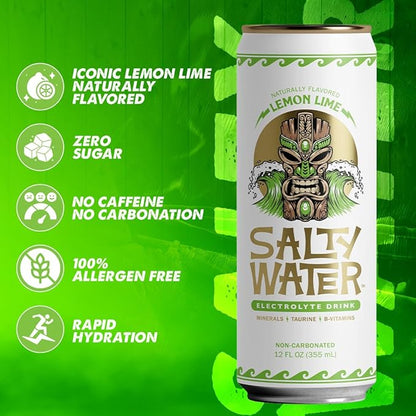 SaltyWater Electrolyte Drink, Lemon Lime – Zero Sugar Premium Hydration Drink, 10 Calories, Minerals, Taurine, B-Vitamins, Non-Carbonated - Zero Caffeine Electrolyte Sports Drink - Keto, Paleo, Vegan - 12 Pack (12 oz)
