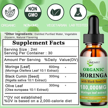 Organic Moringa Liquid Drops,Pure Moringa Oleifera Leaves Extract w/Black Seed Oil Supplement for Energy,Skin,Gut Health,Immune,Natural Antioxidant Superfood More Potency Than Moringa Powder(2 Fl Oz)