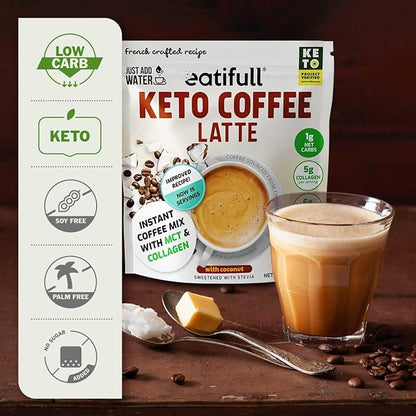 Eatifull Keto Coffee Latte - Instant Coffee (5g) of Collagen & MCT Oil - Sugar-Free, Stevia-Sweetened, High Protein (6g) - Medium Roast - Boosts Energy & Metabolism - 1 Bag