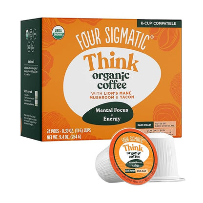 Four Sigmatic Mushroom Coffee K-Cups | Organic Dark Roast Coffee with Lion’s Mane Mushroom Powder & Yacon | Focus & Immune Support | Vegan & Keto | Sustainable Pods | 24 Count