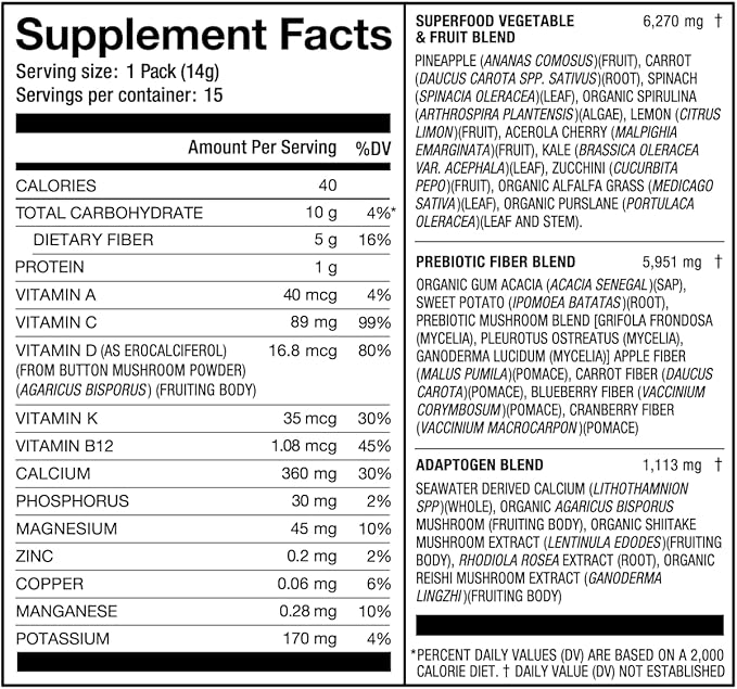 Laird Superfood Prebiotic Daily Greens Powder - Pack of 15 Single Serve Sachets - Essential Vitamins & Minerals - Fiber, Adaptogen & Fruits, Vegetables – Supports Gut Health – Non-GMO, Vegan