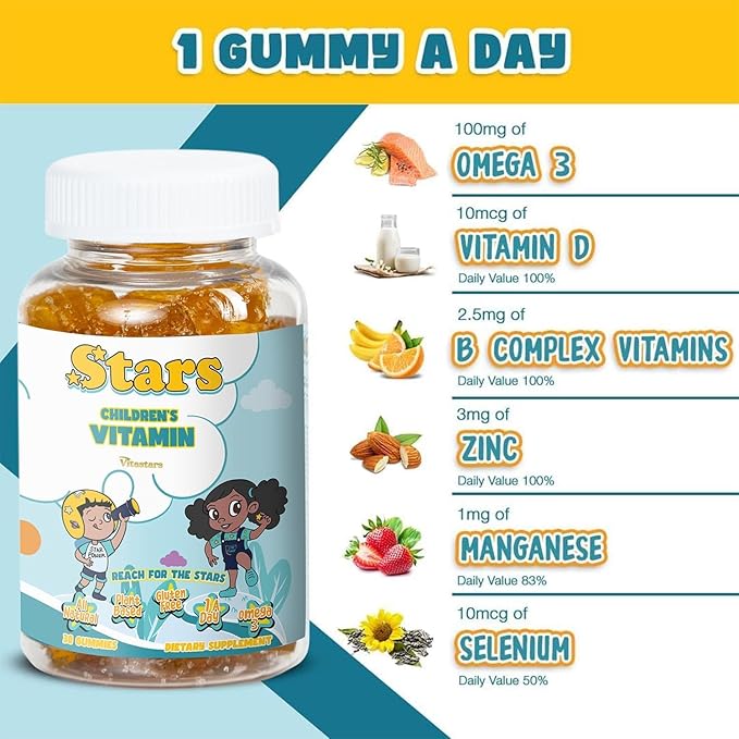 Stars Kids Multivitamin Gummies with Omega 3, Selenium, 30 Star-Shaped,