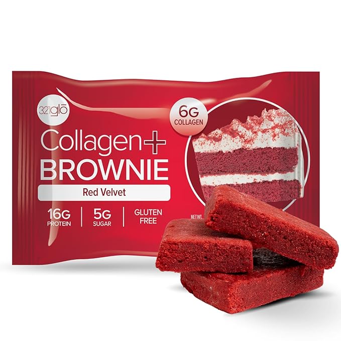 321glo Collagen Protein Brownie | Gluten Free, Low Sugar | Keto Snack for Women, Men, & Kids | 16g Protein, 6g Collagen | 12 Pack (12 Pack, Red Velvet)