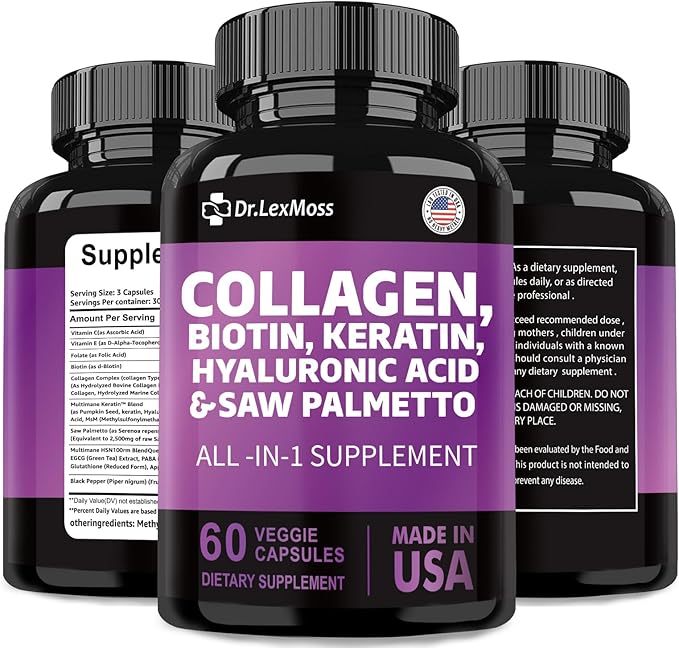 Collagen Pills 1000mg Biotin 10000mcg Keratin 2500mg Hyaluronic 60 Capsules