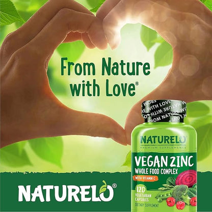 NATURELO Vegan Zinc Whole Food Complex Supplement with Vitamin C for Immune Support and Healthy Skin, Hair, and Nails - 120 Capsules
