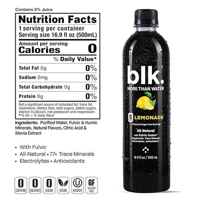 blk. Natural Alkaline Mineral Water Electrolyte Infused with Fulvic and Amino Acids, Zero Sugar Drink, Lemonade Flavored, 16.9 Ounce (500 mL), Pack of 12