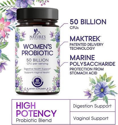 Probiotics for Women's Digestive Health, 50 Billion CFU for Vaginal pH, Gut Health & Immune Support, Daily Probiotic Supplement for Feminine Health, 5 Strains, Gluten Free - 60 Capsules