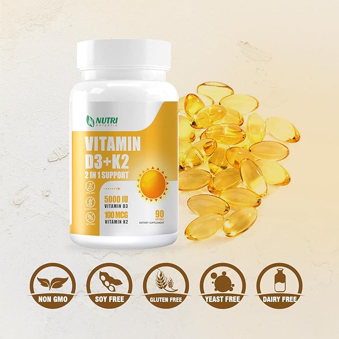 Vitamin D3 K2 Supplement with MCT Oil, Vitamin D3 5000 IU and K2 100 mcg Softgel, Bone and Heart Health Support Supplement, Gluten Free - 90 Count Softgels