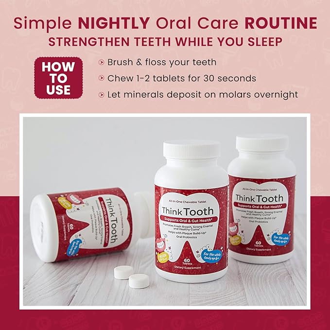 Think Tooth Chewable Tablets Supports Oral & Gut Health - Dental Probiotic Supplement for Fresh Breath & Healthy Gums - Advanced Oral Health Probiotics for Nightly Oral Care Routine - 60 Tablets