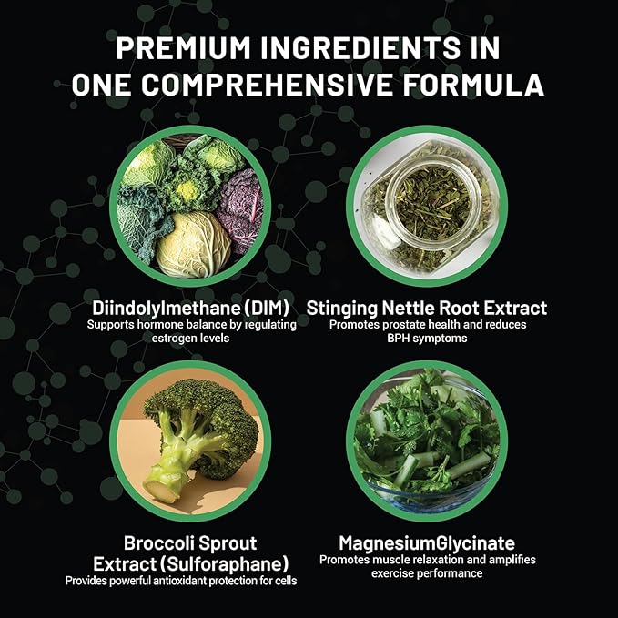Premium DIM Supplement for Men | Estrogen Blocker & Aromatase Inhibitor | Diindolylmethane, Nettle Root Extract, Magnesium Glycinate & Sulforaphane | Hormone Balance & Liver Protection | 60 Capsules