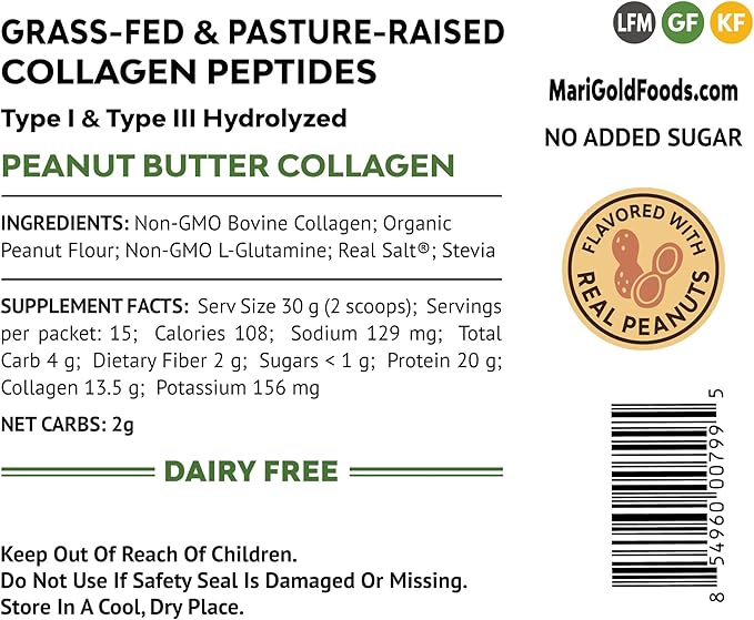 MariGold Grass-fed Collagen Peptides Powder Peanut 1LB - 100% Pure,