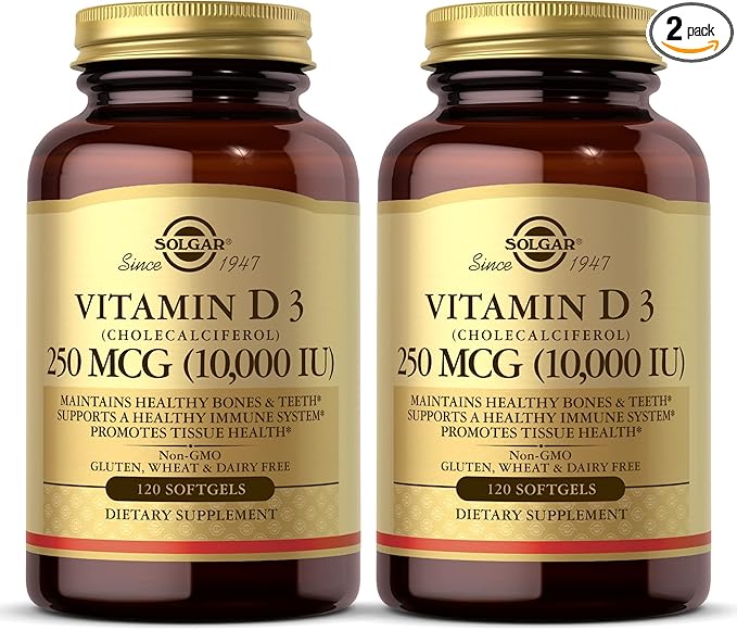 SOLGAR Vitamin D3 (Cholecalciferol) 250 MCG (10,000 IU), 120 Softgels 2 Pack 120 Servings