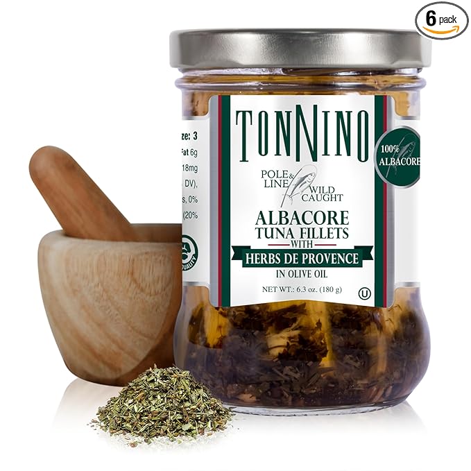Tonnino Albacore Tuna in oilve oil with Herbs de Provence 6-Pack Omega-3 Rich, High Protein, Gluten-Free, Ready-to-Eat Tuna Packets for Tuna Salad, Tuna Fish Alternative to Salmon, Pole & Line Caught