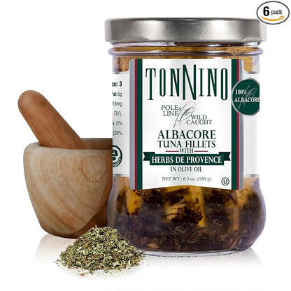 Tonnino Albacore Tuna in oilve oil with Herbs de Provence 6-Pack Omega-3 Rich, High Protein, Gluten-Free, Ready-to-Eat Tuna Packets for Tuna Salad, Tuna Fish Alternative to Salmon, Pole & Line Caught