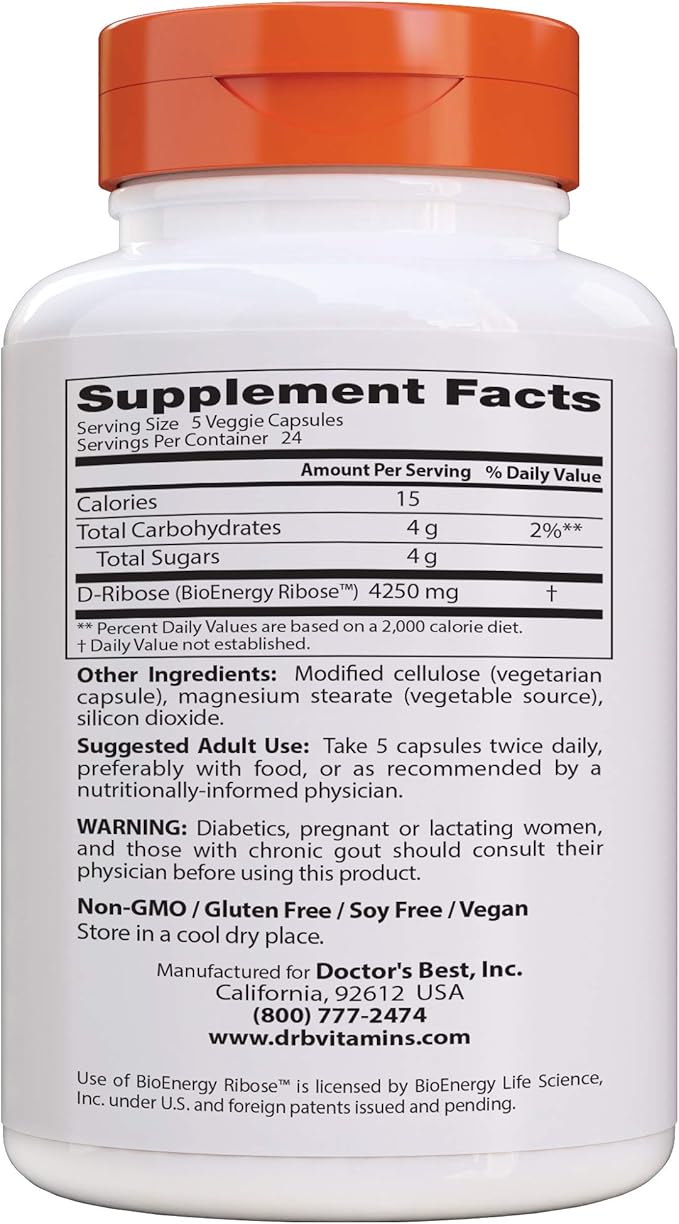 Doctor's Best D-Ribose with Bioenergy Ribose, Vegan, Energy Enhancement, 120 Veggie Caps, White