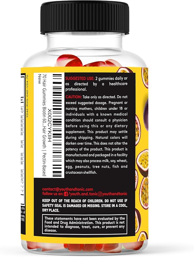 70 Hair Gummies Biotin 6000mcg Collagen 400mcg Vitamin