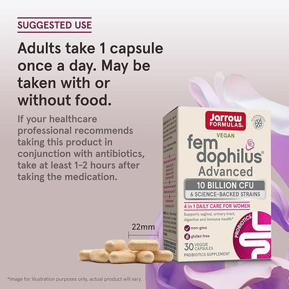 Jarrow Formulas Fem-Dophilus Advanced Probiotics 10 Billion CFU With 6 Science-Backed Strains, For Vaginal, Urinary Tract, Digestive, and Immune Support, 30 Veggie Capsules, Shelf-Stable