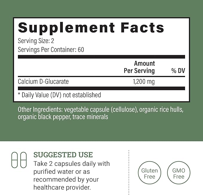 Earth Harmony Calcium D-Glucarate 1200mg 500mg - 120 Capsules (2-Month Supply)