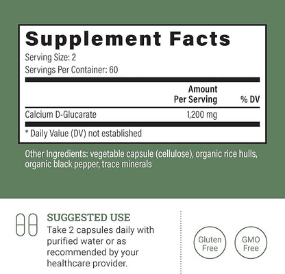 Earth Harmony Calcium D-Glucarate 1200mg 500mg - 120 Capsules (2-Month Supply)