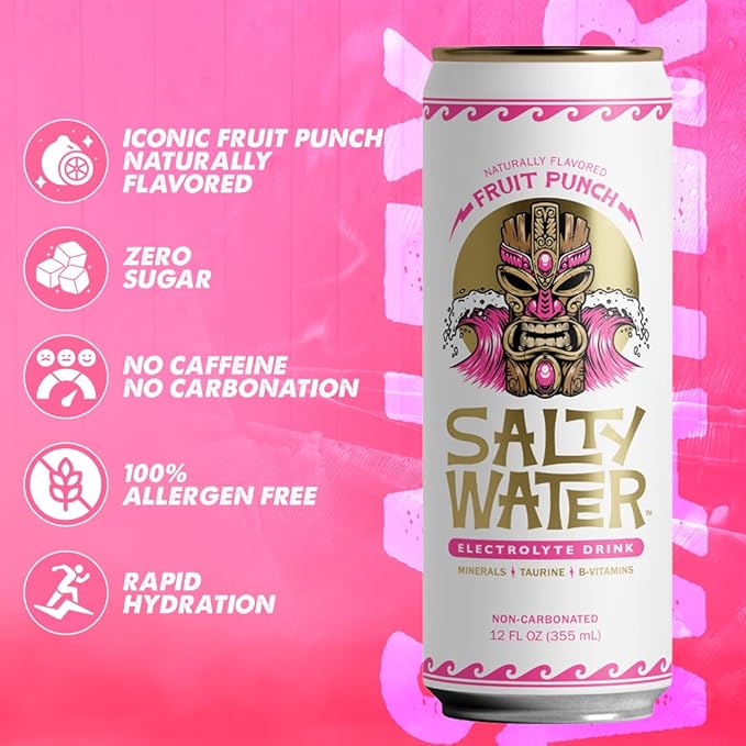 SaltyWater Electrolyte Drink, Fruit Punch – Zero Sugar Premium Hydration Drink, 10 Calories, Minerals, Taurine, B-Vitamins, Non-Carbonated - Zero Caffeine Electrolyte Sports Drink - Keto, Paleo, Vegan - 12 Pack (12 oz)
