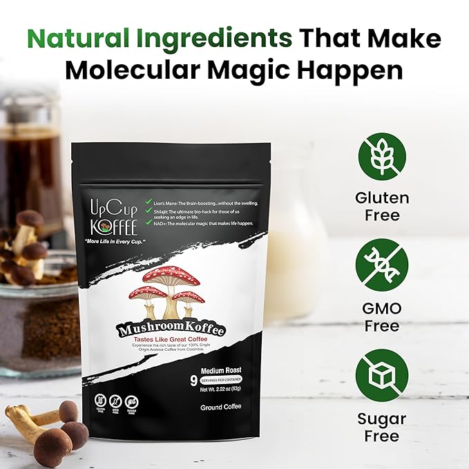 UpCup Koffee Functional Ground Mushroom Coffee - Includes Lions Mane, NAD+, & Himalayan Shilajit for Immune Support & Cognitive Boost - Made with Colombian Beans - 2.2 oz. Sample Bag