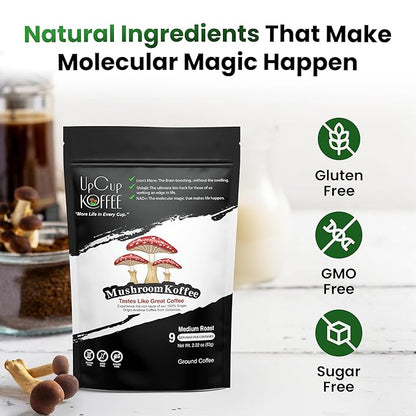 UpCup Koffee Functional Ground Mushroom Coffee - Includes Lions Mane, NAD+, & Himalayan Shilajit for Immune Support & Cognitive Boost - Made with Colombian Beans - 2.2 oz. Sample Bag