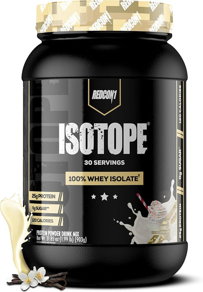 REDCON1 Isotope 100% Whey Isolate, Vanilla - Keto Friendly Whey Protein Powder - Low Carb + Sugar Free Whey Protein Isolate - Lactose Free Keto Protein Powder (30 Servings)