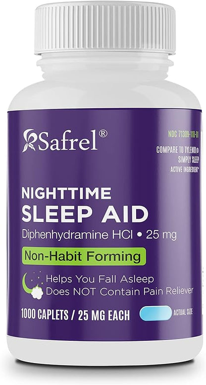 Safrel Nighttime Sleep Aid, Diphenhydramine HCl 25mg (1000 Count 1), 1000, 1000, Count)