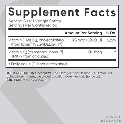 Sports Research Vitamin D3 K2 with Coconut Oil | Plant Based Vitamin K2 MK7 + Vegan D3 5000iu | Vegan Certified, Soy & Gluten Free - 60 Count Softgels