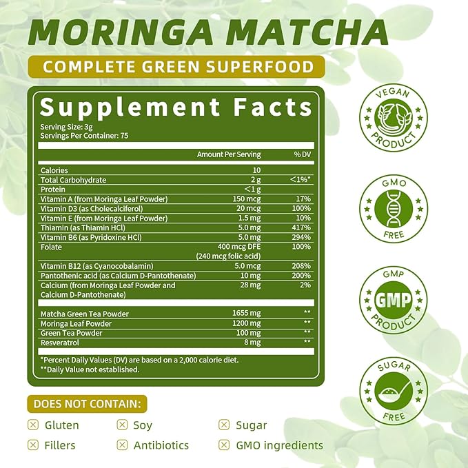 Moringa Powder – Superfood Blend with Matcha, Green Tea & Resveratrol – Moringa Supplement for Energy, Antioxidant & Immune Support – Vegan, Gluten Free, Easy-to-Mix Drink (8oz)