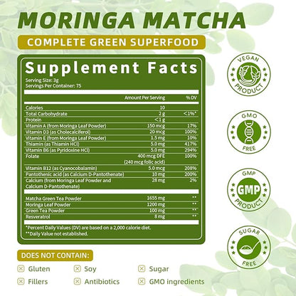 Moringa Powder – Superfood Blend with Matcha, Green Tea & Resveratrol – Moringa Supplement for Energy, Antioxidant & Immune Support – Vegan, Gluten Free, Easy-to-Mix Drink (8oz)