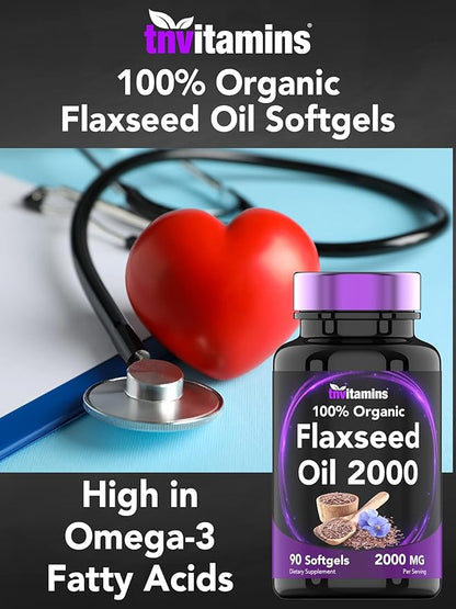 Organic Flaxseed Oil Softgels: 2000 mg 90 Softgels Omega-3 Fatty