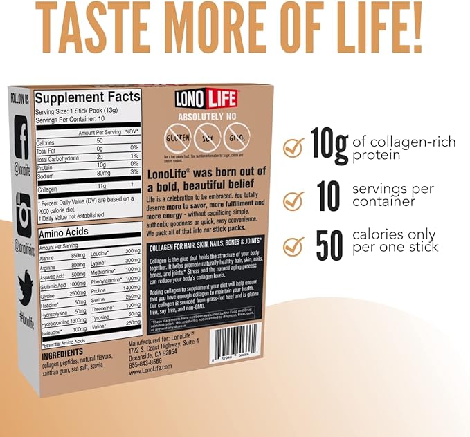 LonoLife - Mocha Collagen Peptides 10g Protein, 10 Servings, 10 Count