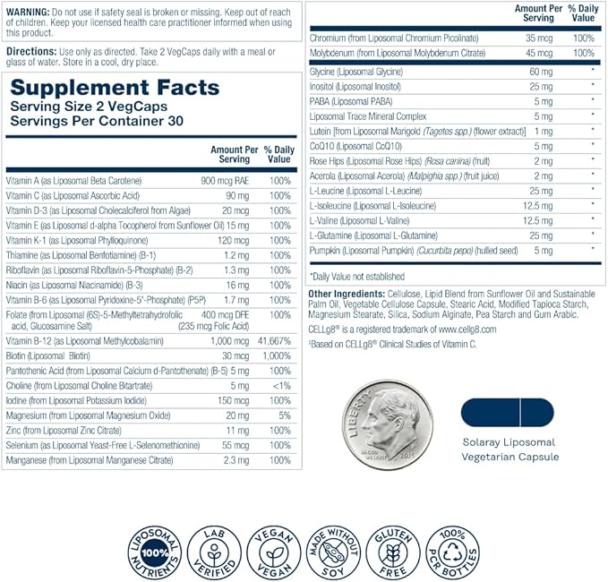 SOLARAY Liposomal Multivitamin for Men, Enhanced D3, C, B12, Zinc, 30 Servings, 60 VegCaps