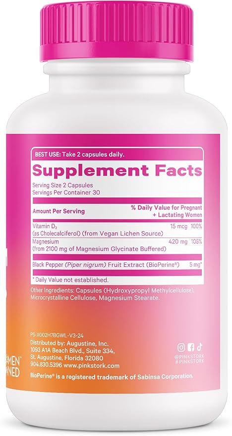 Pink Stork Magnesium Glycinate with Vitamin D - Magnesium Supplement for Women to Support Natural Calm - 2 Pack