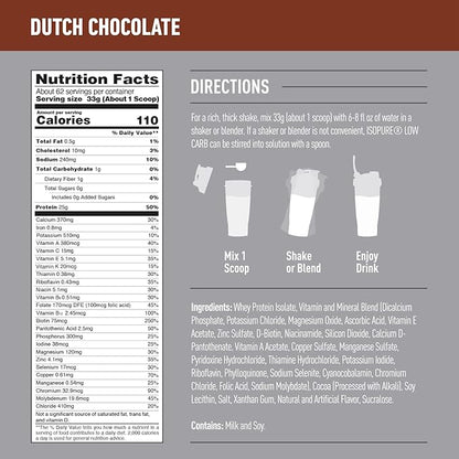 Isopure Low Carb 100% Pure Whey Isolate Protein Powder, Lactose Free, Gluten Free, With Vitamins, Dutch Chocolate, 25g Protein Per Serving, 4.5 Lbs, 62 Servings