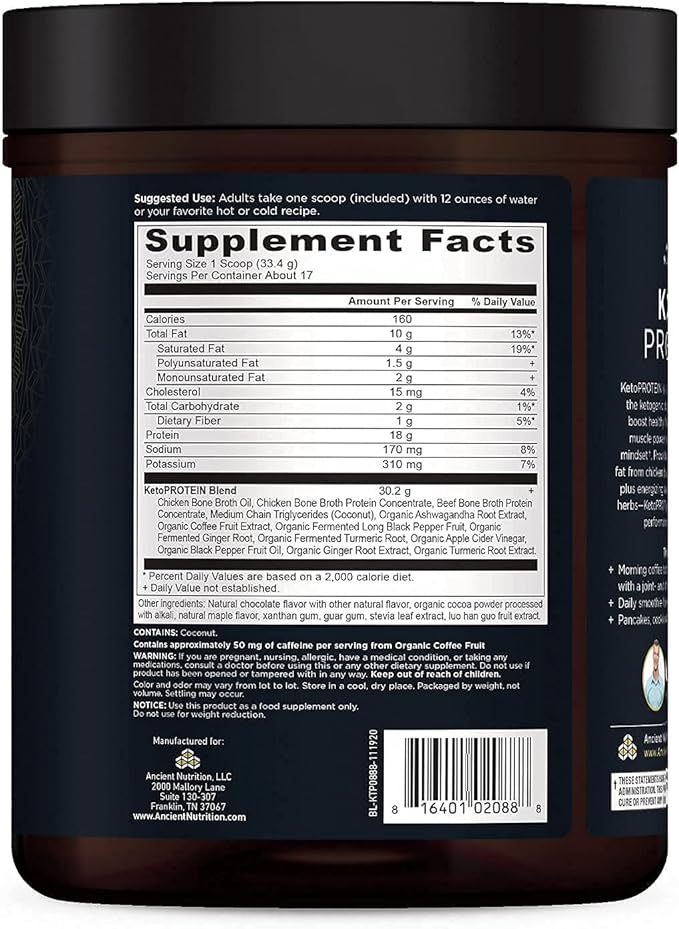 Ancient Nutrition Keto Protein Powder, KetoPROTEIN 18g Protein 10g Fat 17 Servings