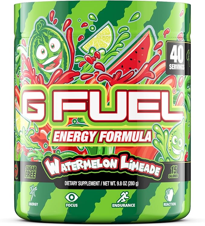 G Fuel Watermelon Limeade Energy Drink Powder, Pre Workout Caffeine Powder, Energy Powder Drink Mix for Gaming, Sugar Free Focus Amino, Vitamin + Antioxidants, 9.9oz (Watermelon Limeade, 40 Servings)