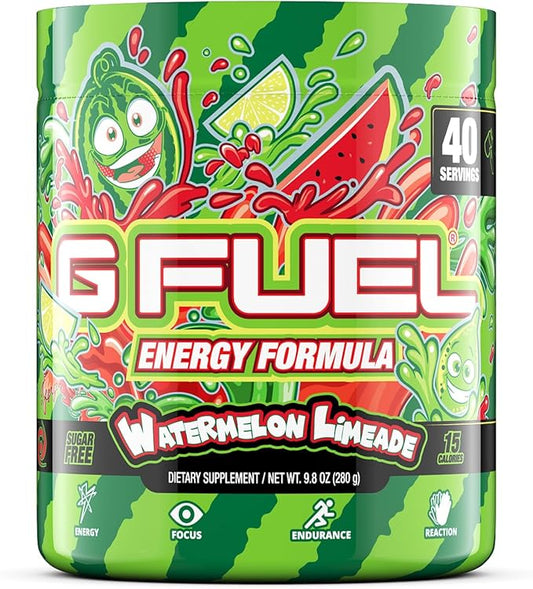 G Fuel Watermelon Limeade Energy Drink Powder, Pre Workout Caffeine Powder, Energy Powder Drink Mix for Gaming, Sugar Free Focus Amino, Vitamin + Antioxidants, 9.9oz (Watermelon Limeade, 40 Servings)