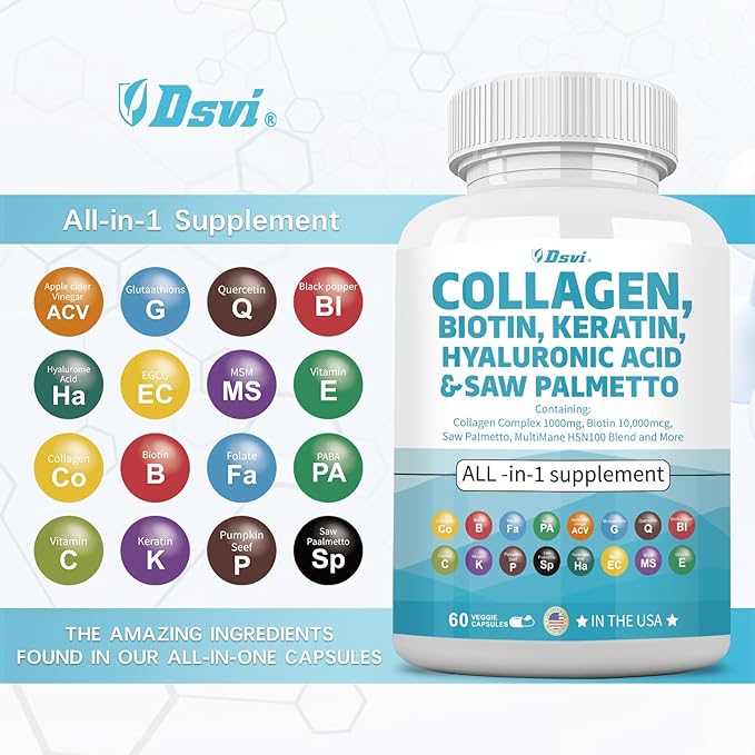 Collagen Pills 1000mg Biotin 10000mcg Keratin 2500mg Hyaluronic Women,60 Count