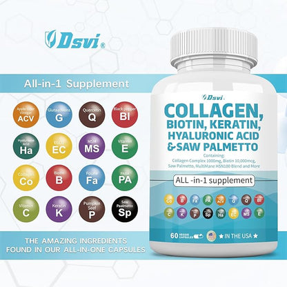 Collagen Pills 1000mg Biotin 10000mcg Keratin 2500mg Hyaluronic Women,60 Count