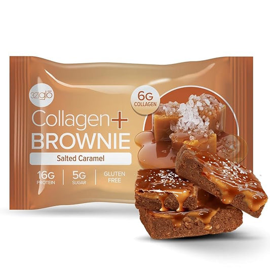 321glo Collagen Protein Brownie | Gluten Free, Low Sugar | Keto Snack for Women, Men, & Kids | 16g Protein, 6g Collagen | 12 Pack (Salted Caramel)
