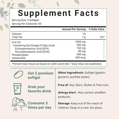 2 Pack Antarctic Krill Oil Supplement, 1000mg Per 120 Soft-Gels Omega-3s, EPA,