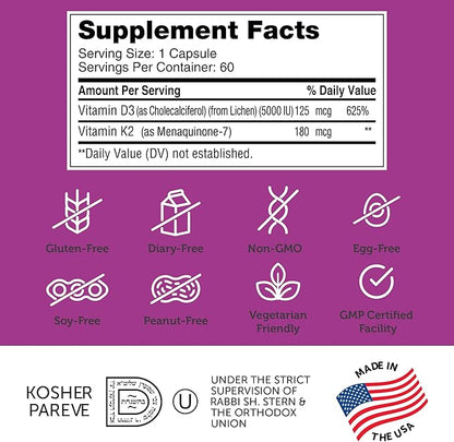 Zahler Vitamin D3 5000 IU K2 - Advanced Vitamin D3 K2 Formula - Bone Density & Calcium Absorption - Kosher Vegetarian MK7 Vitamin K2 D3 Vitamin Supplement - VIT D3 K2, Vitamin D K2 (60 Capsules)