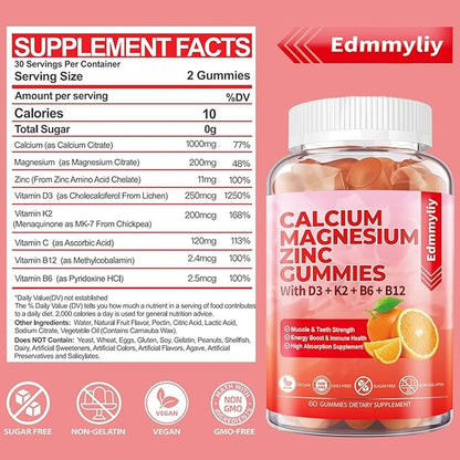 Sugar Free Calcium Magnesium Zinc Supplement D3 & B12 for (120 Counts)