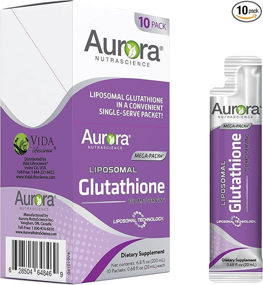 Aurora Nutrascience Mega-Liposomal Liquid Glutathione, Immune System Support, Antioxidant, 750 mg per Serving, 10 Single-Serve Packets, Gluten Free, Non-GMO, Sugar-Free, 6.8 fl oz
