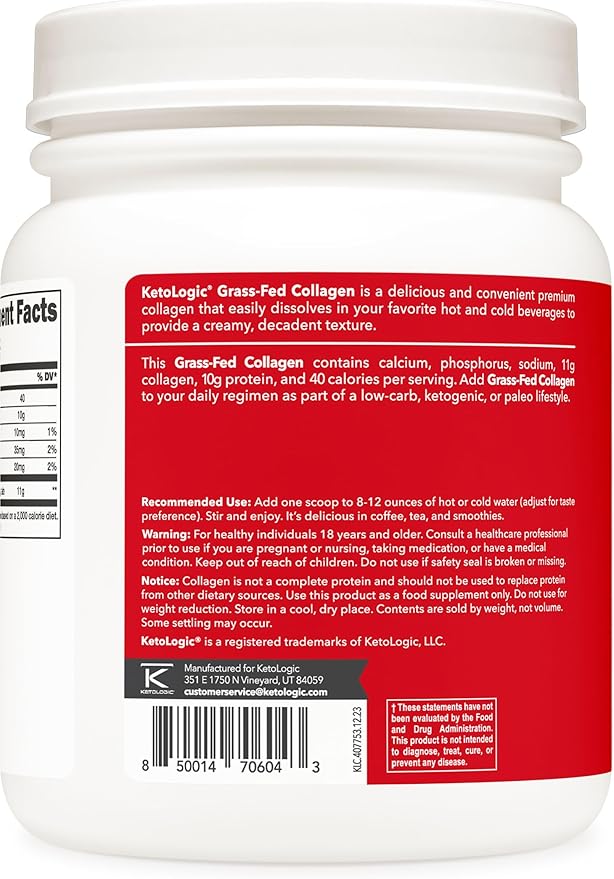 Ketologic Grass Fed Collagen Hydrolysate Powder (1 LB) 41 Servings, 11 G 10 G