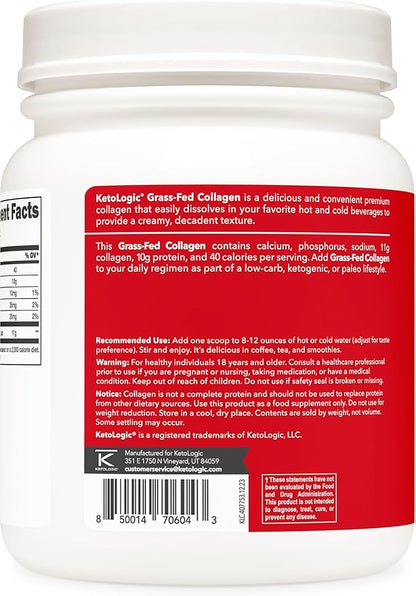 Ketologic Grass Fed Collagen Hydrolysate Powder (1 LB) 41 Servings, 11 G 10 G