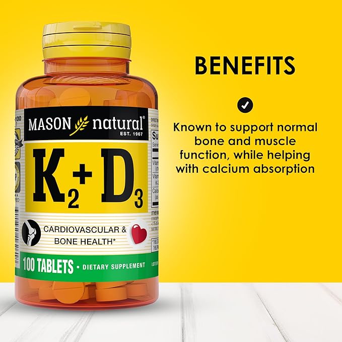MASON NATURAL Vitamin K2 + D3, 100-Day Supply, with Calcium for Normal Bone and Muscle Support, Tablets